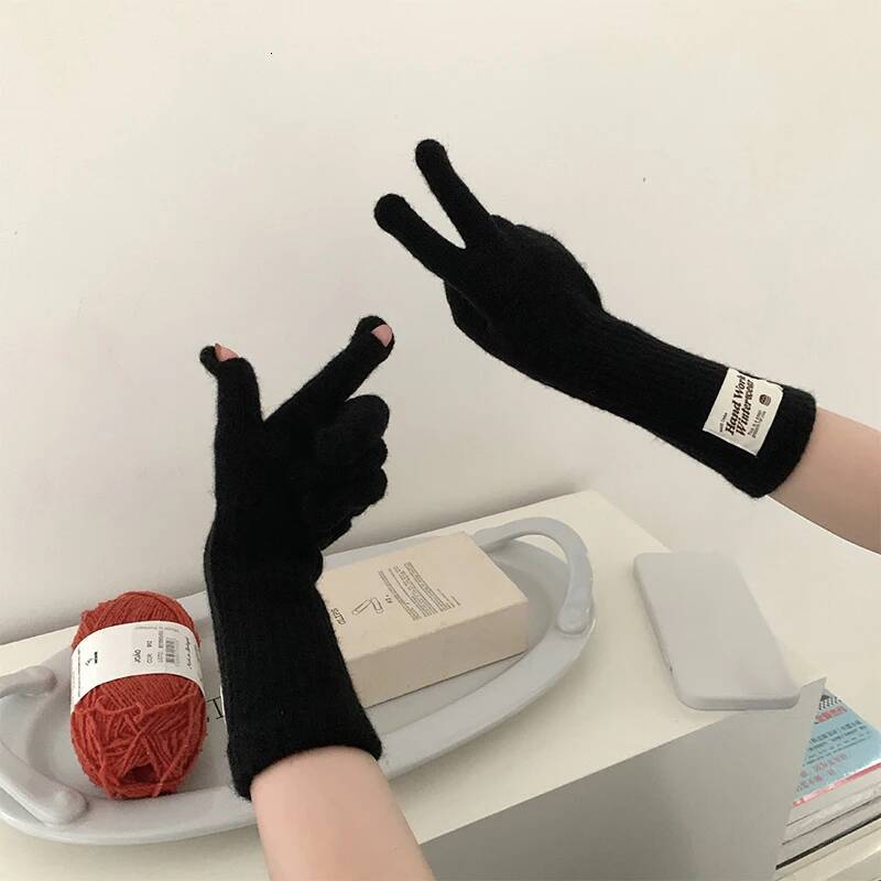 Fashion Winter Warm for Women Solid Color Thicken Knitted Long Gloves Work Study Casual Touchscreen Full Fingers Mittens ddmythur