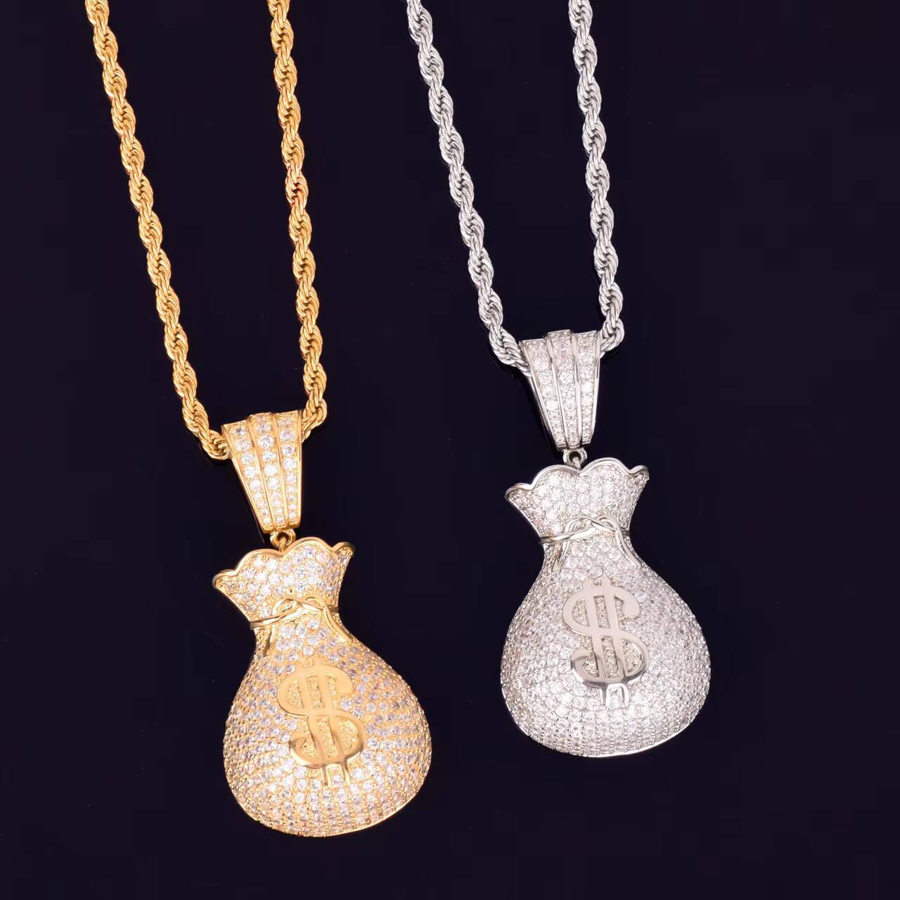 Hip Hop Style Mens Womens 18K Gold Moissanite Pendant Necklace with Silver Dollar Sign Money Bag Jewelry Charms