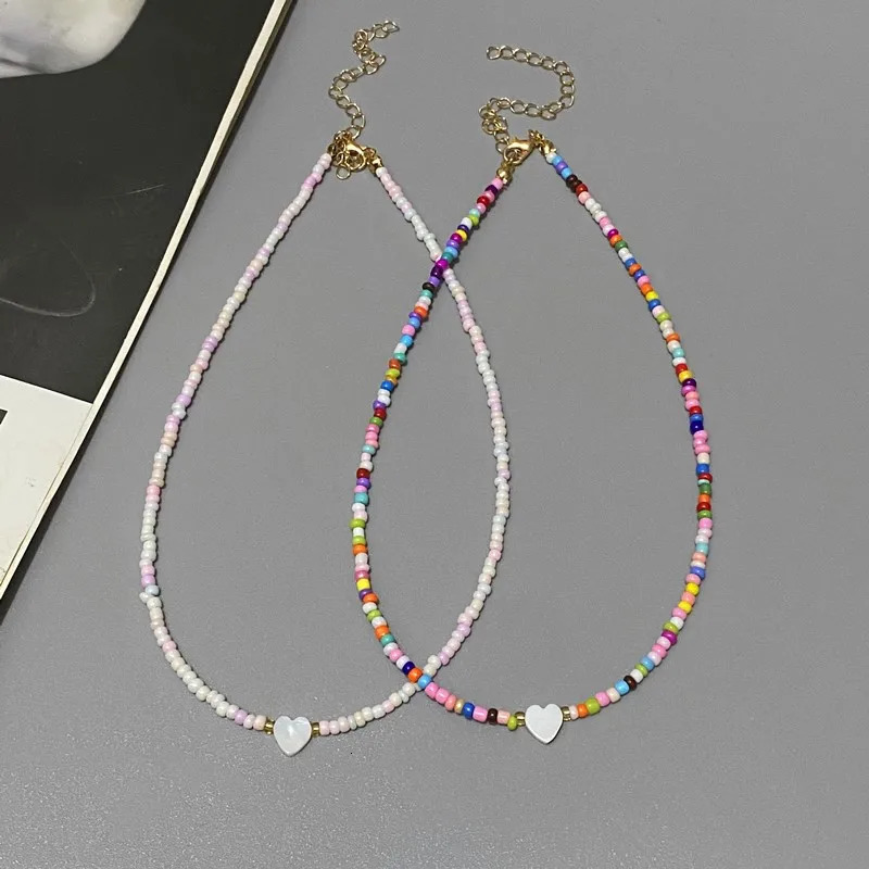 Nature Shell Love Heart Choker Necklace for Girl Spring Summer Fashion Small Colorful Glass Beads Gift Friend 250716