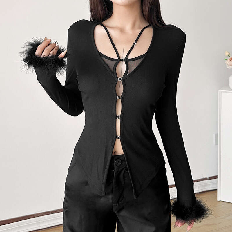 2024 Autumn New Women's Solid Color Slim Fit Crop Street Fashion V-Neck Long Sleeve Top 880