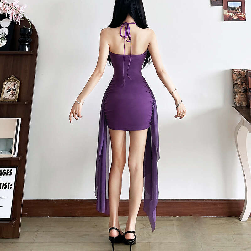 2024 Autumn Winter New Women's Solid Color Slim High Waist Bodycon Fashion Halter Neck Backless Dress b1f