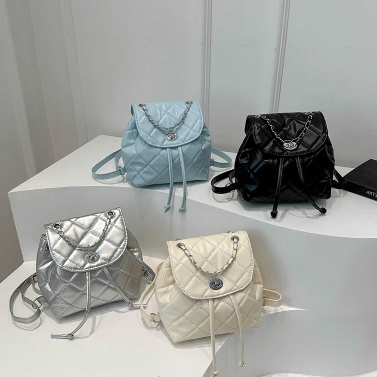 Womens Fashion Backpack Solid Color Quilted Rhombus Chain Accents Lightweight PU Large Capacity Quick-Snap Adjustable Straps Y250725