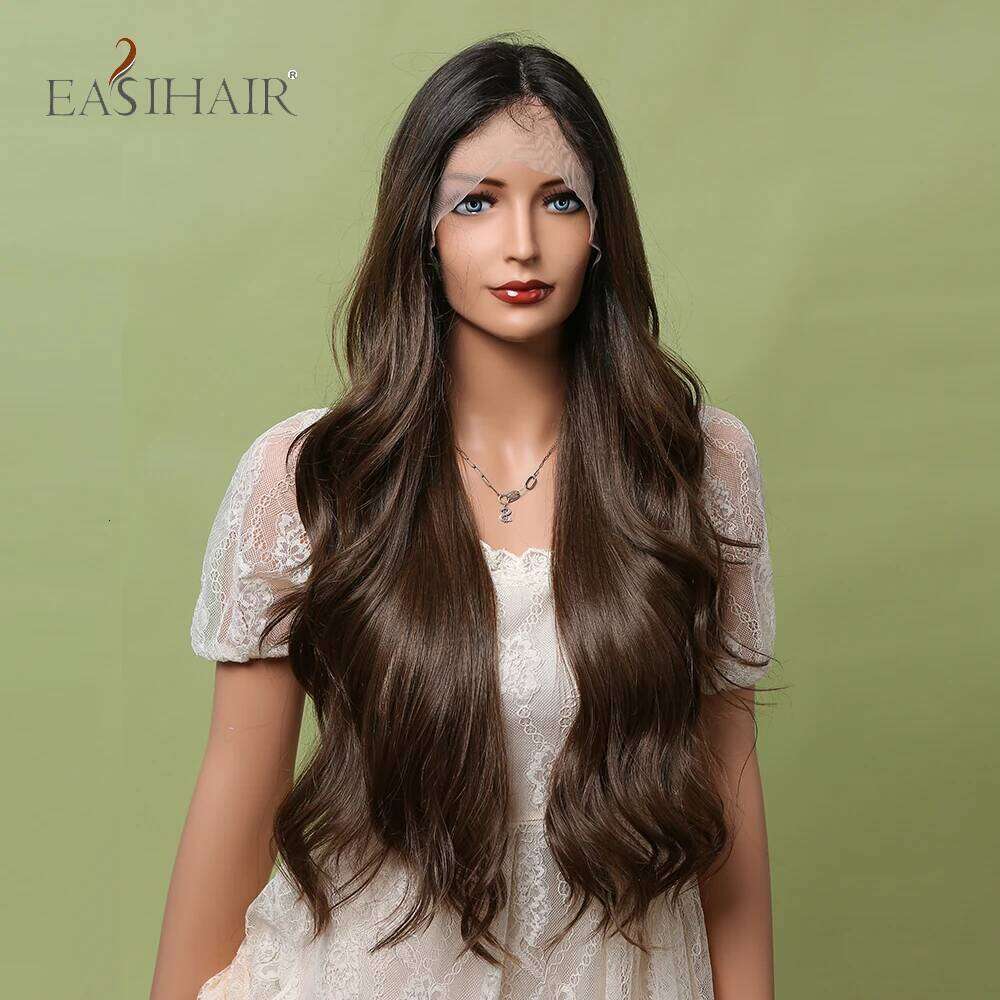 EASIHAIR Ombre Dark Brown Front Middle Part Long Body Wave Synthetic Lace Hair Wigs for Black Women Cosplay
