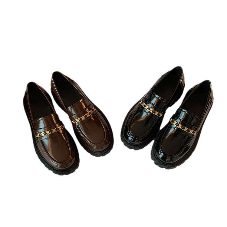 Designer Same Style Elegant Chain Versatile Round Toe Thick Sole Loafers Height Increasing Slip-On Autumn Winter Women's Leather Shoes