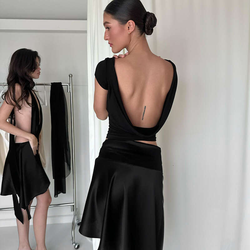 Ytp072 Women's Summer New Solid Color Round Neck Backless Sexy Navel-Baring Fashion Top T-Shirt For Women B5