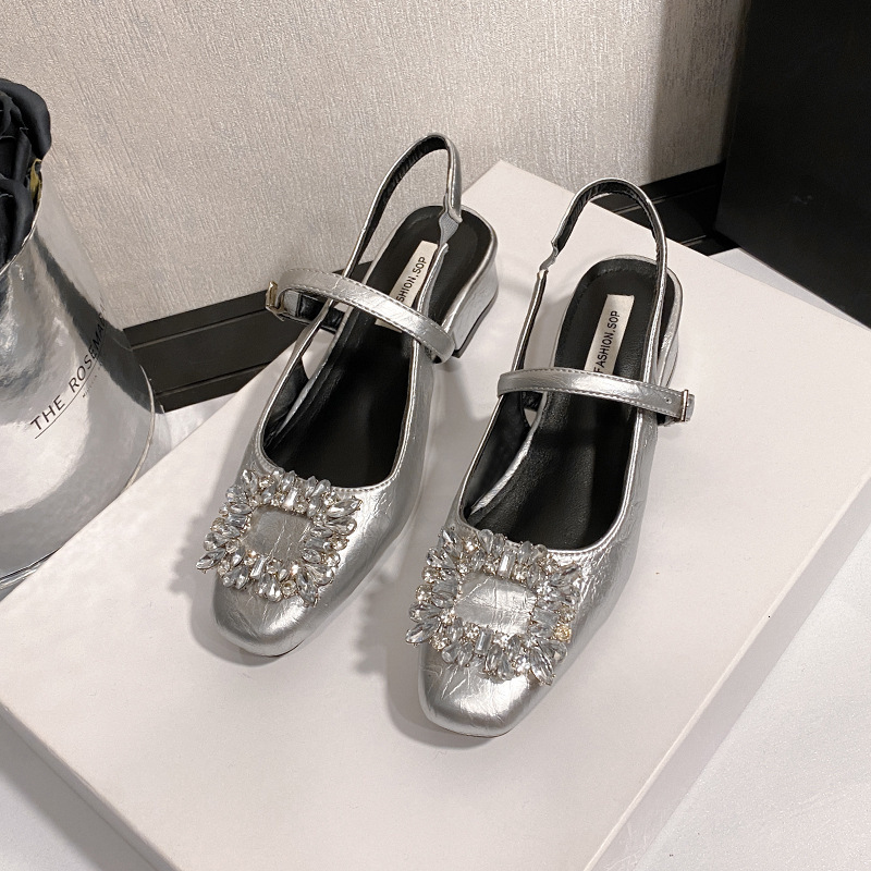 Ddmysports Slip On Rhinestone Mary Jane For Women Spring Summer New Chunky Low Heel Square Toe Evening Style Shallow Mouth Single Shoes Outdoor Shoes