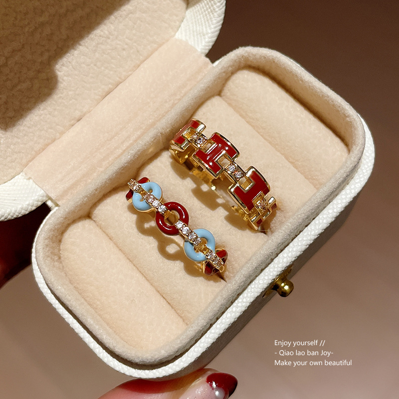Gold Tone Linked Ring With Red Enamel & Pave Crystal Accents Minimalist Chic Daily Jewelry And Gift For Her High Quality Stylish Design