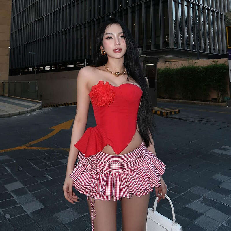 2024 Autumn Winter New Women's Solid Color Slim Fit Tube Top Vest Fashion High Waist Plaid Skirt 9bc