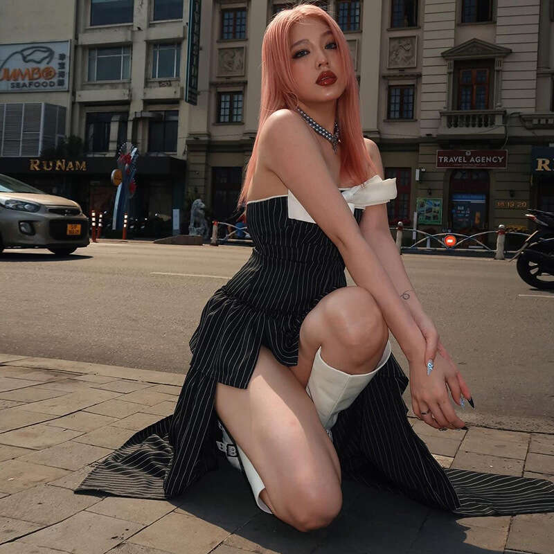 2025 Spring New Women's Solid Color Slim High Waist Fashion Off-Shoulder Sleeveless Dress 31c