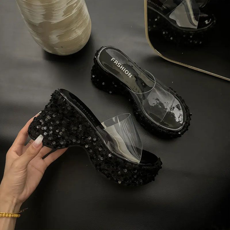 Summer Versatile Casual Thick-Soled Slippers Fashion Sequin Transparent One-Strap Women's Square-Toe Wedge High-Heel Sandals ddmythur