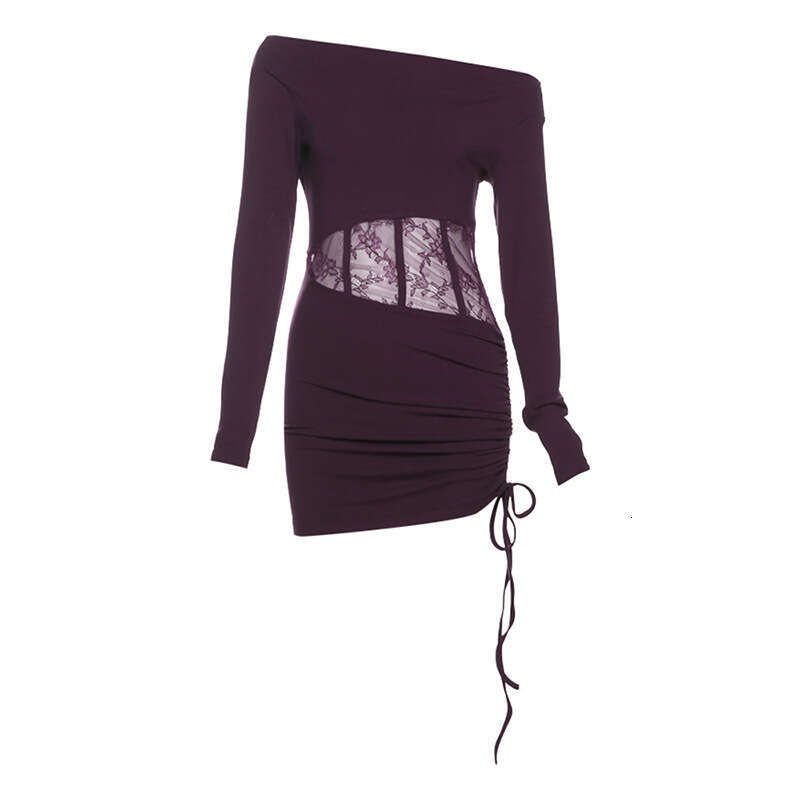 2024 Autumn Winter New Women's Solid Color Slim High Waist Fashion Asymmetrical Neck Long Sleeve Ruched Dress 365