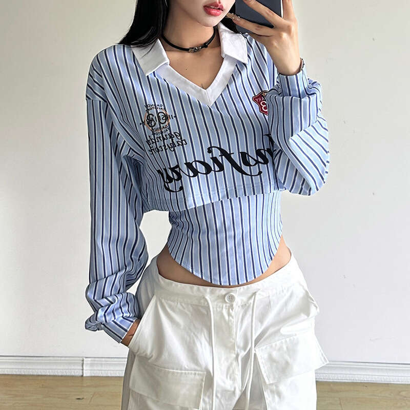 2024 Autumn New Women's Solid Color Slim Fit Street Fashion Turn-down Collar Printed Long Sleeve Top bee