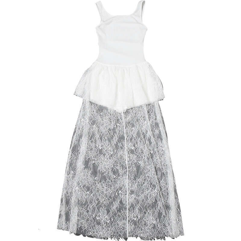 2025 Summer New Elegant Slim Fit Versatile Waist-Cinching Top Mesh Lace Dress Women's Clothing 16e
