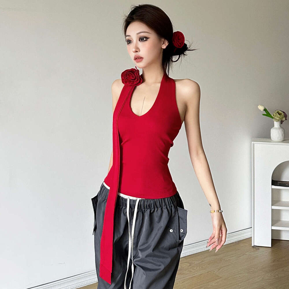 2024 Summer New Women's Solid Color Halter Neck Tank Top High Waist Loose Long Pants Set 569