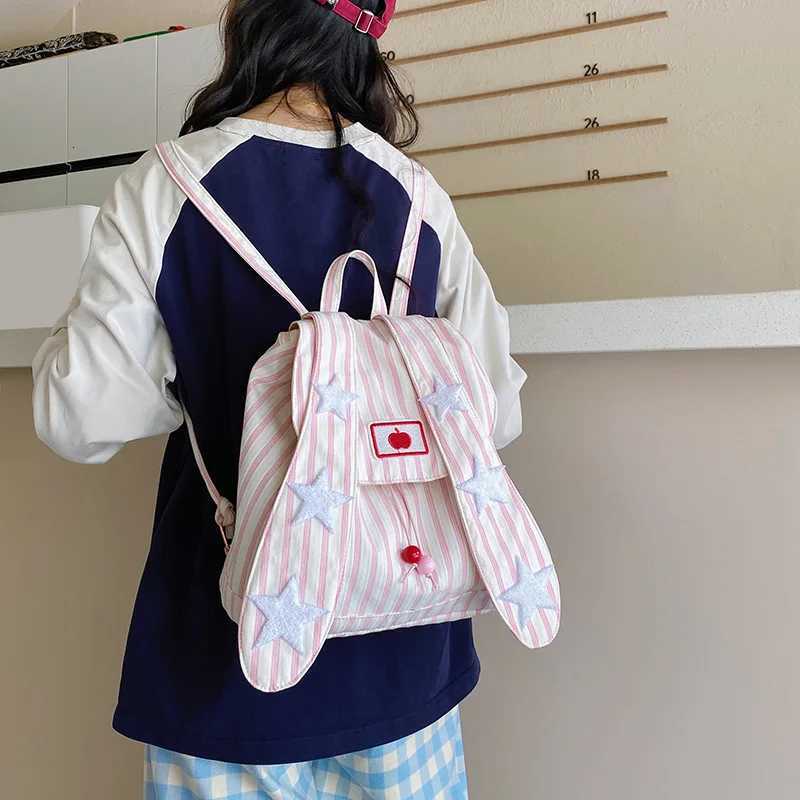 Ladies Backpack Striped Stars Sweet Cute Japanese Kaii JK Preppy Style Large Capacity Waterproof Schoolbags For Students Y250724