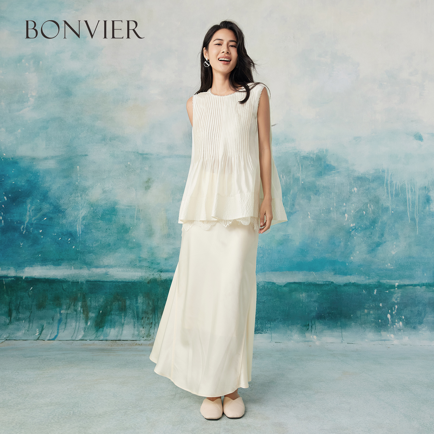 2025 summer new high waist slimming elegant A-line skirt silky satin acetate high-end skirt 6111805