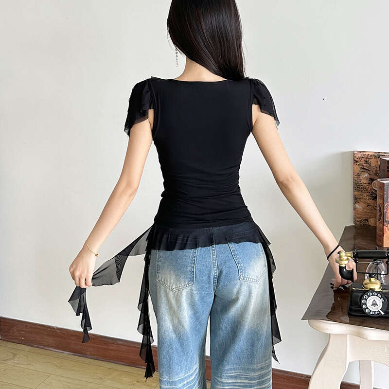2025 New Summer Women's Solid Color Sexy V-Neck Short Sleeve Slim Mesh Ribbon Top def