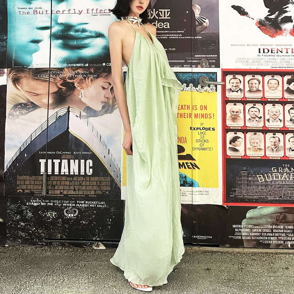 2025 Summer New Vacation Style Sleeveless Backless Irregular Halter Tie Pure Desire Dress for Women 508