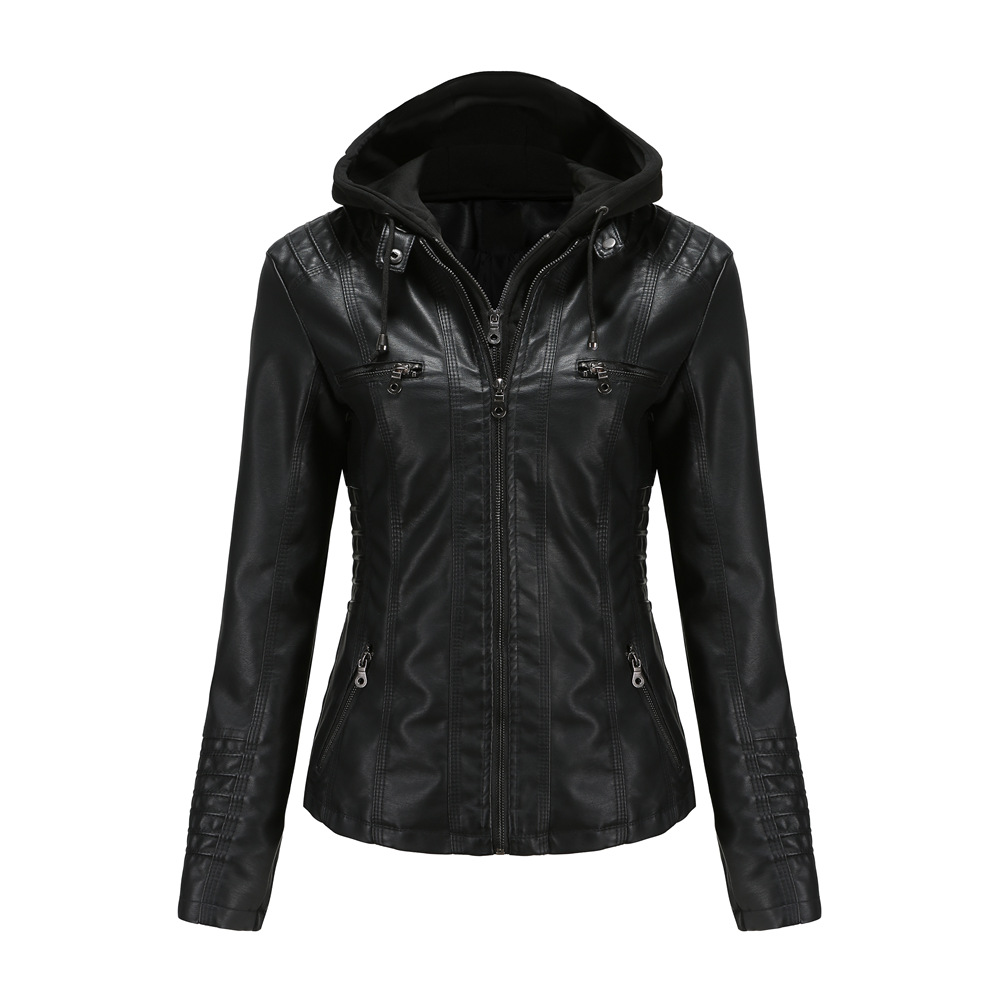 Two-piece hooded leather jacket detachable large-sized leather jacket for women coat PU washed leather cloth plus size XS-7XL