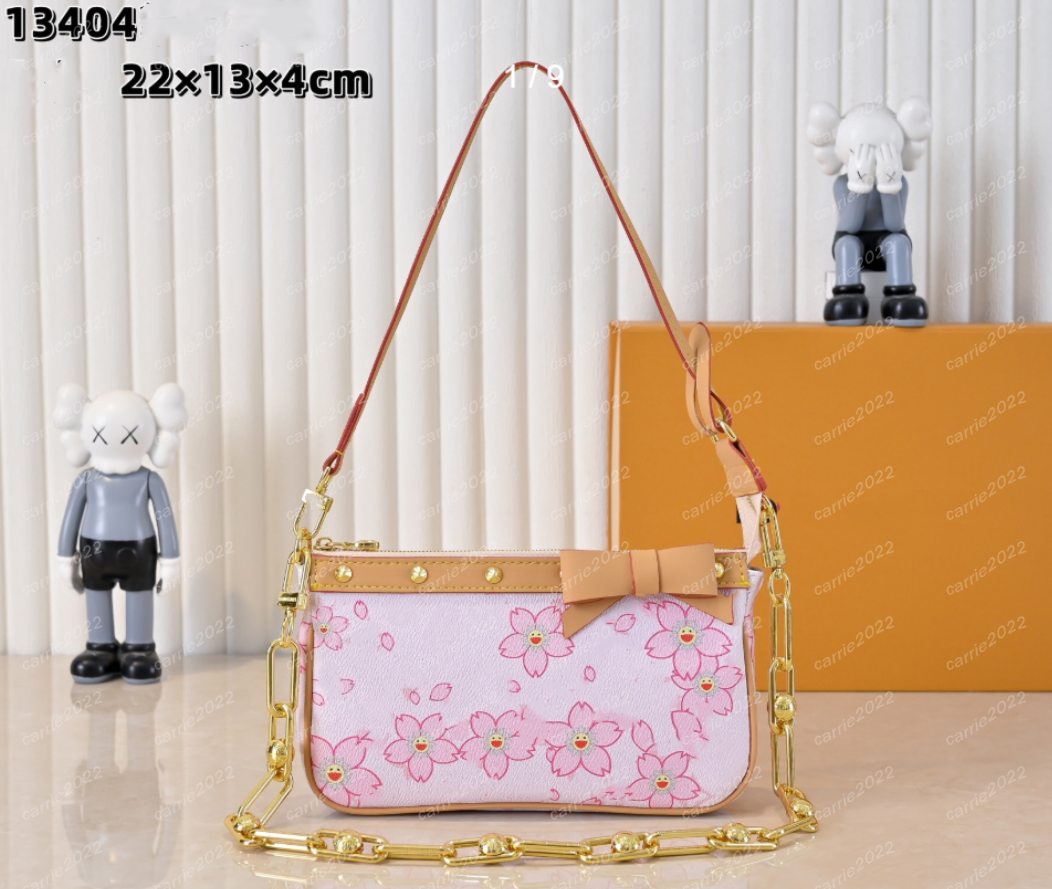 Womens rivet cherry blossom designer bag white pink murakami chain leather shoulder bags ladies women handbag small purse M13663 high quality