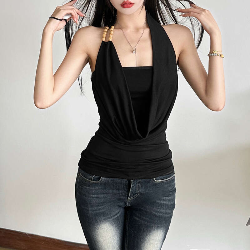 2025 Spring New Women's Solid Color Slim Fit Street Fashion Halter Sexy Backless Tank Top aee