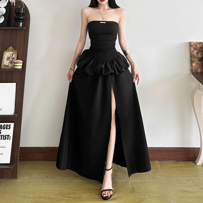 2025 Spring New Women's Solid Color Slim High Waist Fashion Off-Shoulder Split Dress d46