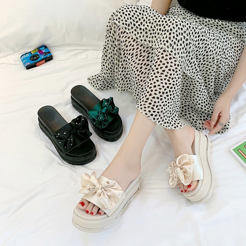 Ddmysports Women S With Bowknot Summer New Wedge Thick Sole Outdoor One Word Slippers Fashion Height Increasing Shoes Outdoor Shoes