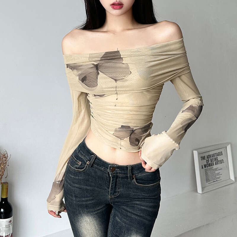 2023 Summer New Women's Solid Color Slim Fit Crop Street Fashion Off-Shoulder Long Sleeve T-Shirt dfe
