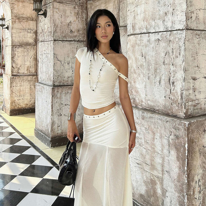 2025 Summer New Sexy Off-Shoulder Crop Top High-Waisted Mesh Patchwork Long Skirt Set for Women 951