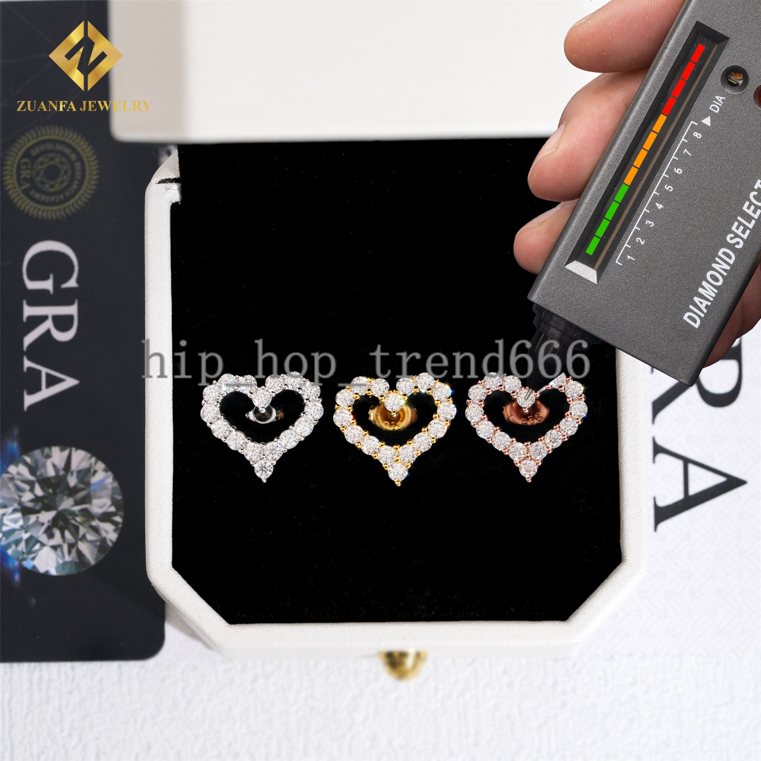 Luxury Unique Hollow Heart Women Moissanite Earrings Iced Out Fashion 18k Gold Plated 925 Silver Rose Gold Plated
