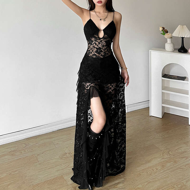 2024 Summer New Women's Solid Color Slim Fit High Waist Fashion V-neck Spaghetti Strap Sheer Dress 588