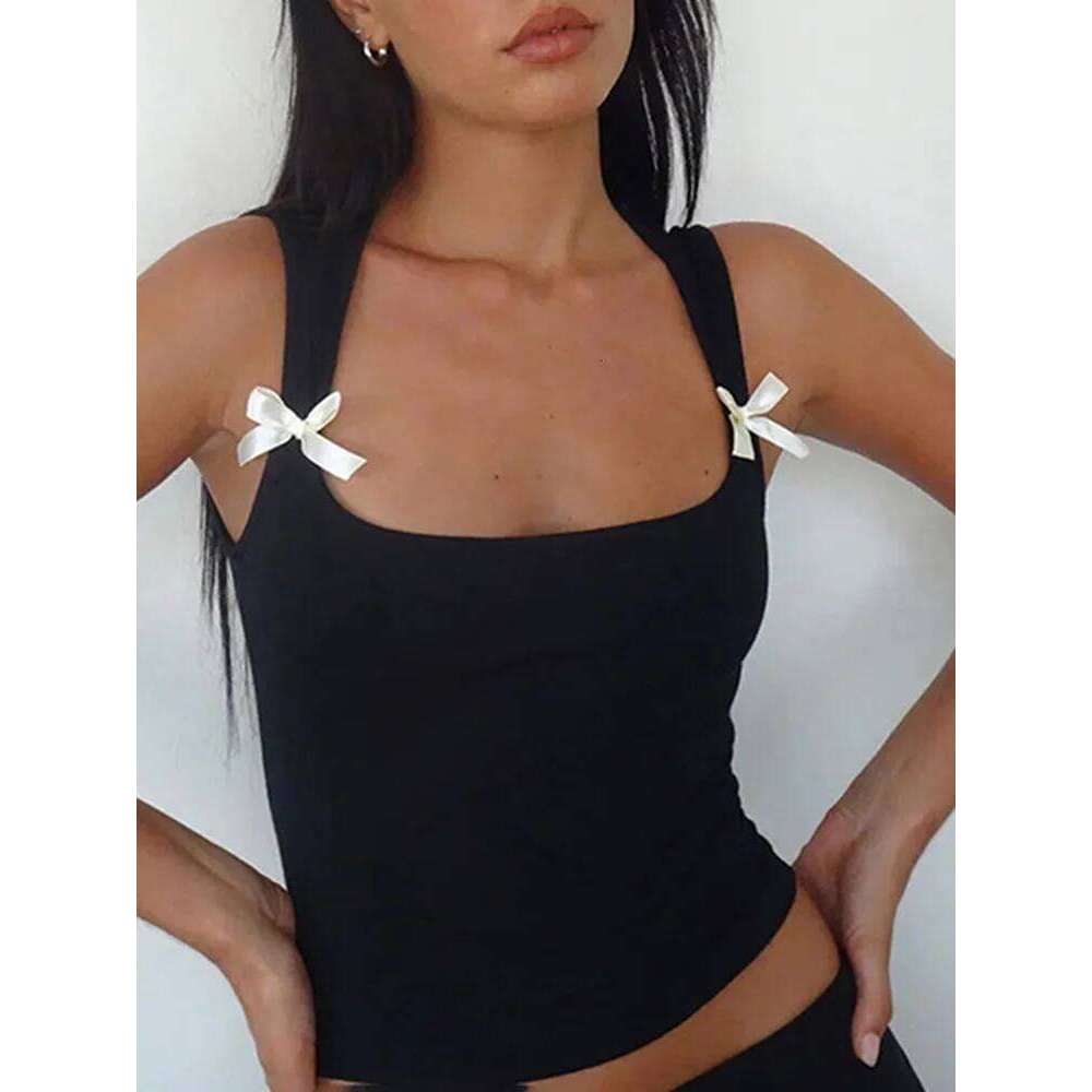 Y2K Women's Bow Tie-Up Tank with Wide Shoulder Straps Bandage Camisole Sexy Low Cut Crop Female Vest Top