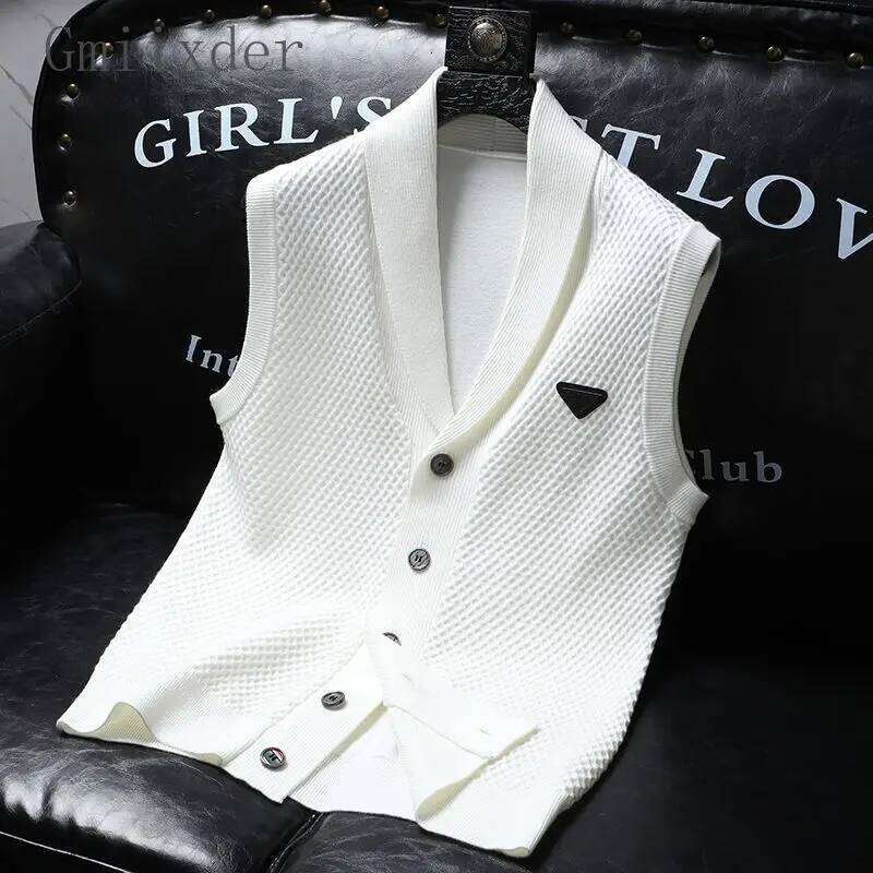 2024 Spring Summer Knitted Cardigan Vest Men's American Trendy Solid Color Slim Business Versatile Fashion Tops Men Aesthetic