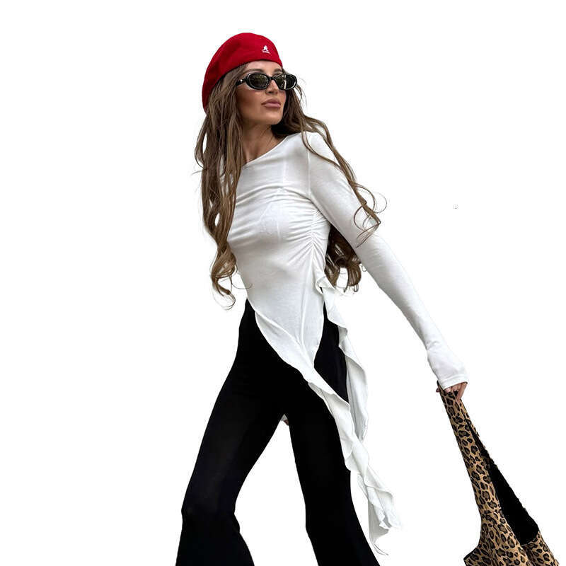 Gtp6 Women's Autumn New Solid Color Round Neck Ruffled Long Sleeve T-Shirt Top B5