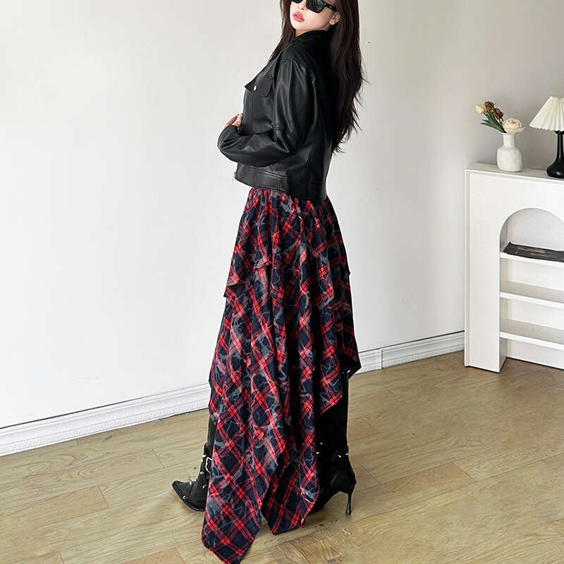 2024 Autumn New Women's Solid Color Zipper Long Sleeve Jacket Fashion High Waist Plaid Skirt 2ba