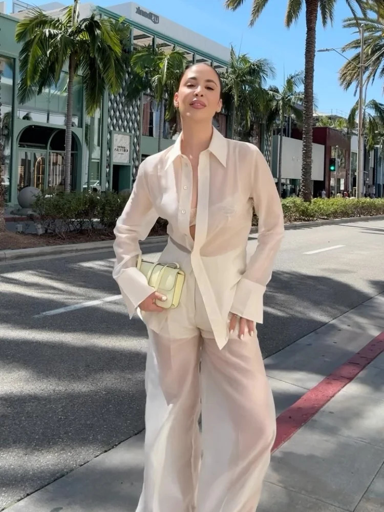 Sexy See Through Silk Set Women Elegant Blazer Coat Loose Shirt Wide-leg Pants Female Suit Summer Street Lady 3-piece Sets 250723