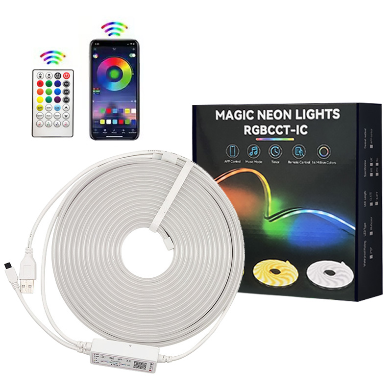 5V USB RGBCCT Neon LED Strip 5M IP65 IC Smart Neon Lamp Tape with Phone App and Remote for DIY Neon Decoration Lighting