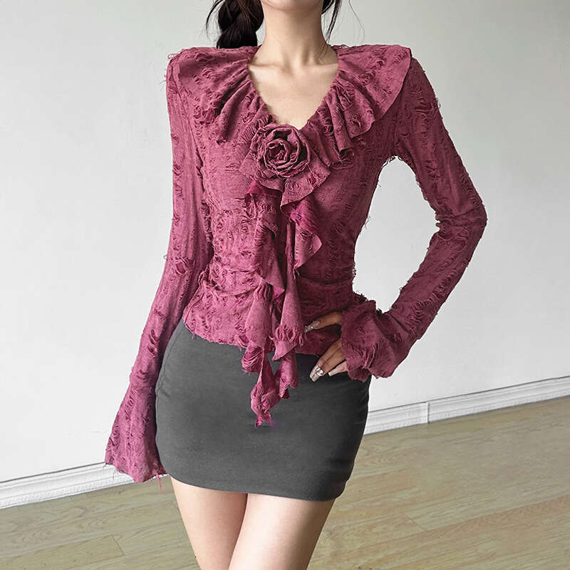 2024 Autumn New Women's Solid Color Street Fashion Long Sleeve V-Neck Slim Fit T-Shirt 84b