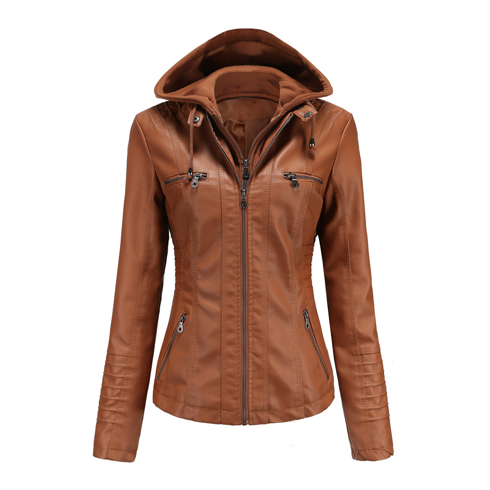 Two-piece hooded leather jacket detachable large-sized leather jacket for women coat PU washed leather cloth plus size XS-7XL