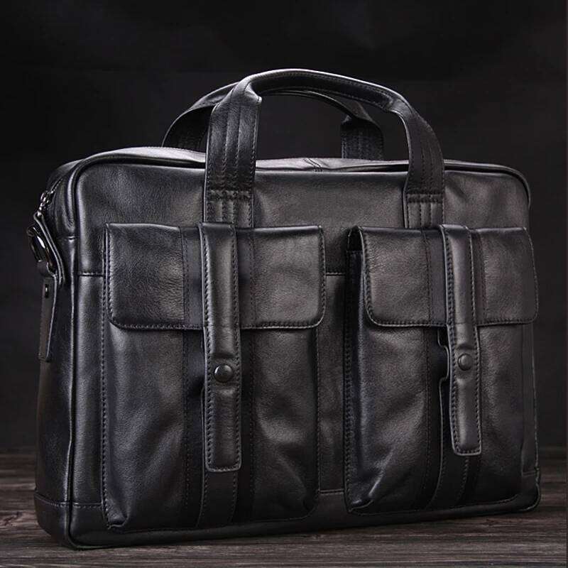 Men Genuine Business bag Leather Laptop 15.6"inch Office Bag Briefcase male portfolio men Black OLOEY