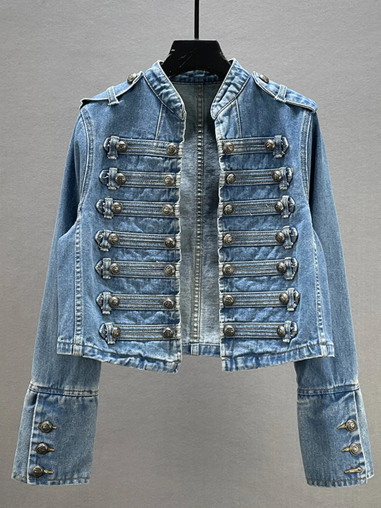 y Double Breasted Button Decors Denim Coat Long Sleeve Patchwork Outerwear Jeans Jackets Vintage Cardigan Streetwear Coats 250725