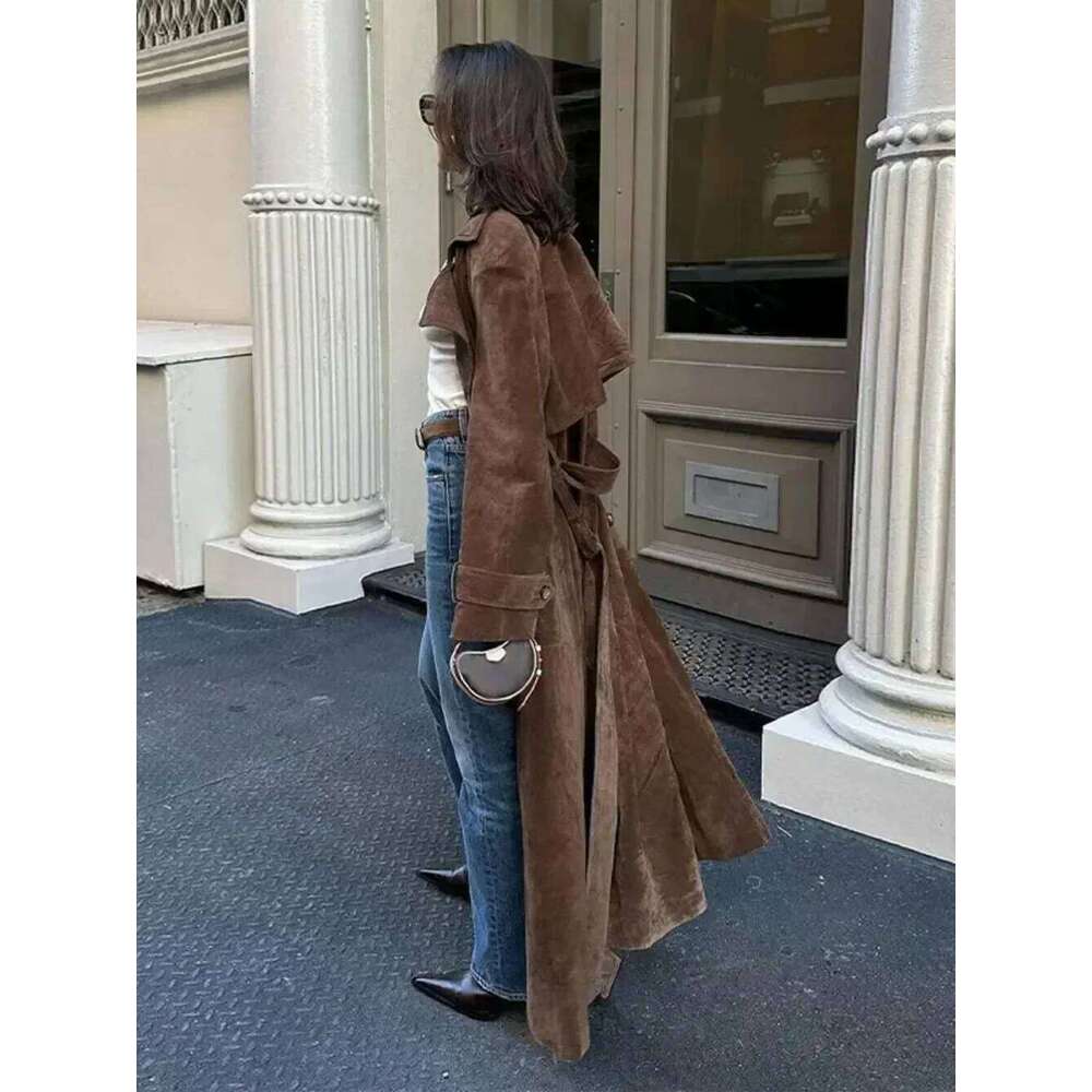 Designer Clothing Chic Lapel Long Sleeve Fashion Brown Women Imitation Deer Fur Coat High Street Outwear Double-Breasted Windbreaker Autumn Lady Fashi