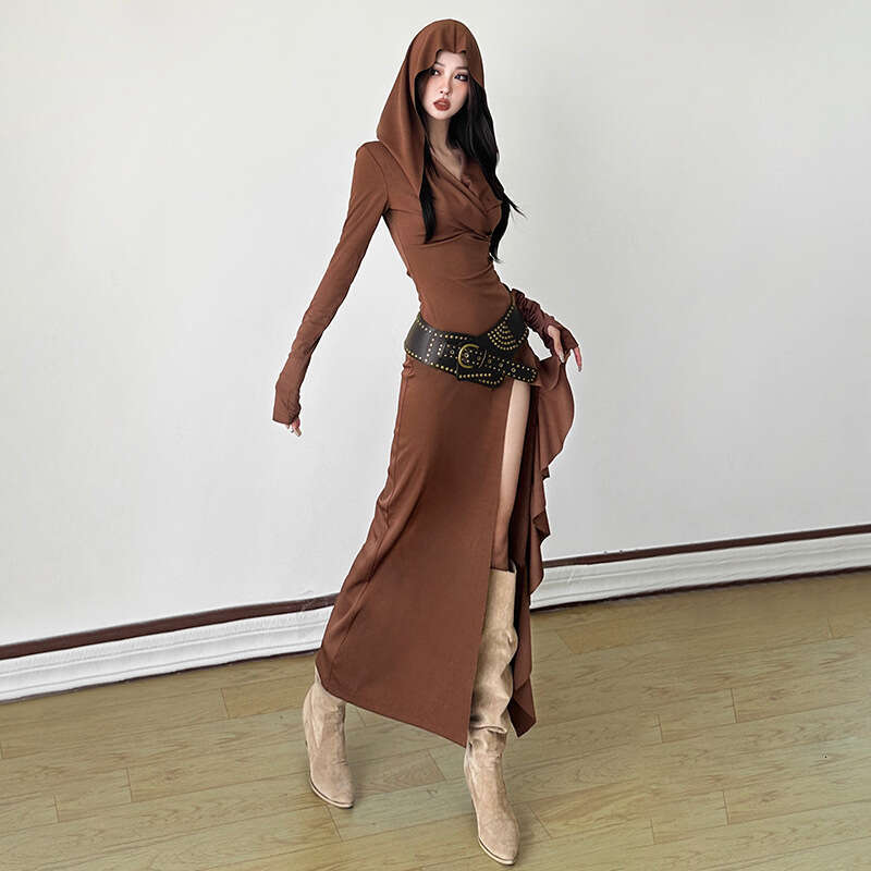 2024 Autumn New Women's Solid Color Slim High Waist Fashion Hooded Long Sleeve Split Dress dd6