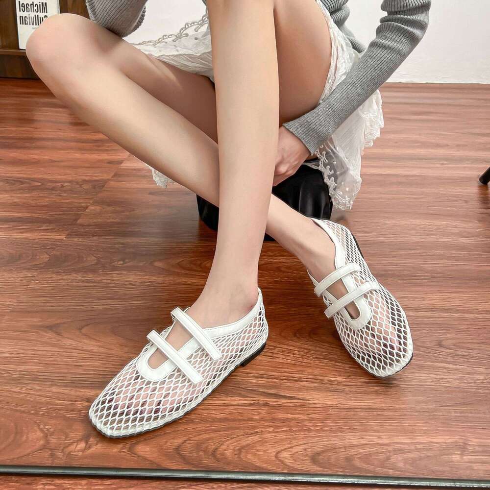 Designer Same Style French Breathable Hollow Fishnet Mesh Square Toe Versatile One-Strap Mary Jane Shoes for Women Spring Summer