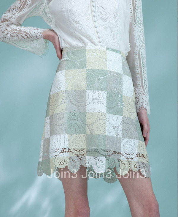 Summer New High Waist A-Line Skirt Versatile Elegant Short Skirt Plaid Lace Half Skirt 1017