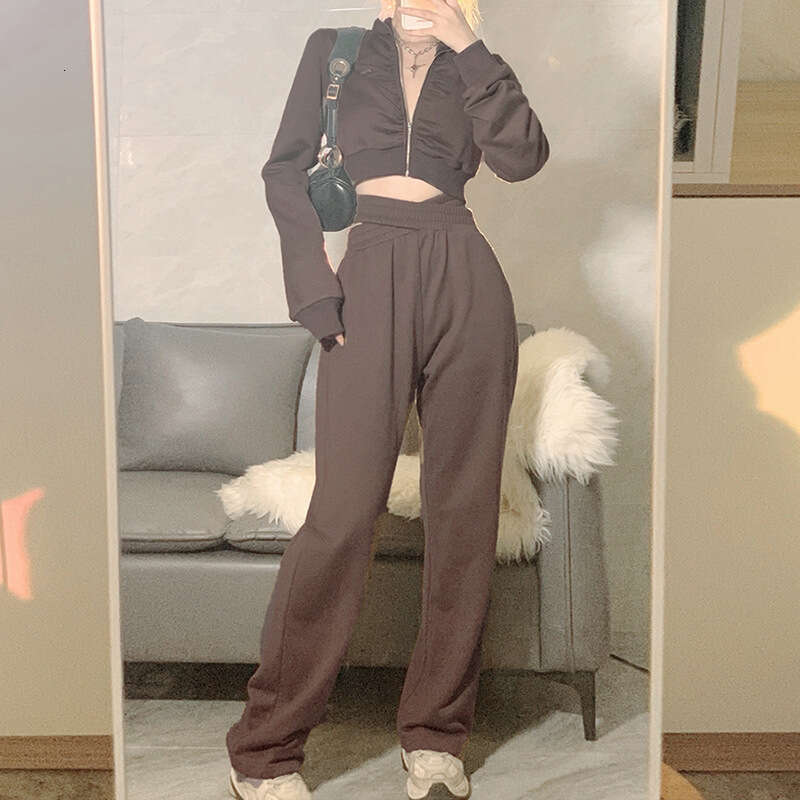 2021 Autumn New Women's Fashion Crop Top Zipper Jacket High Waist Casual Straight Pants Set 716