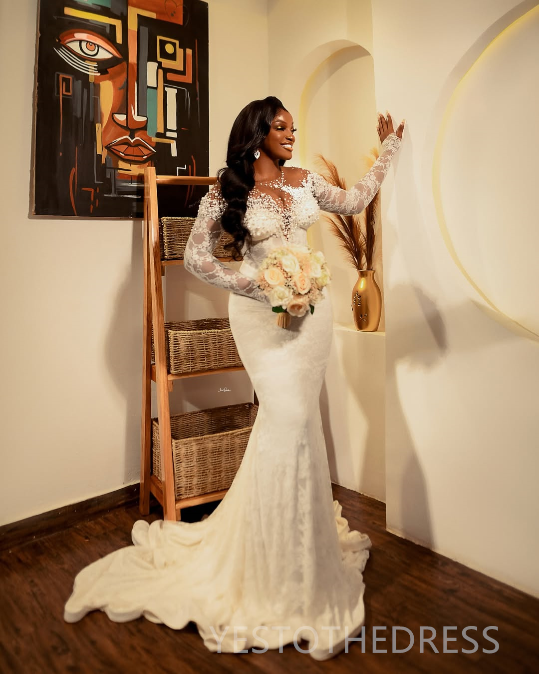 2025 Plus Size Wedding Dresses Bridal Gowns Mermaid Illusion Sheer Neck Long Sleeves Beaded Lace Tiered Tulle Pearls Wedding Gowns for African Black W