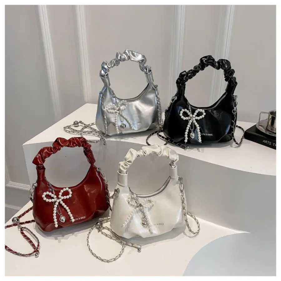 Reliable pleated handbag for women bow tie pendant reliable shoulder bag simple and stylish crossbody bag chain trend Y250725