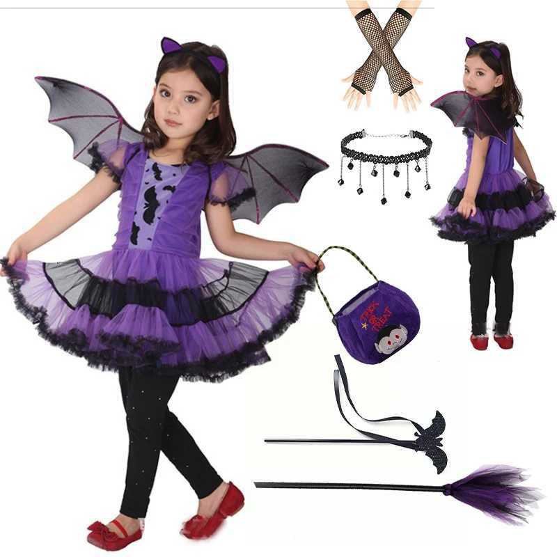 Baby Girls Purple Bat Dress Kids Cosplay Vampire Demon Costume with Wing Headwear Halloween Carnivat Witch Role Play Clothes Z250725
