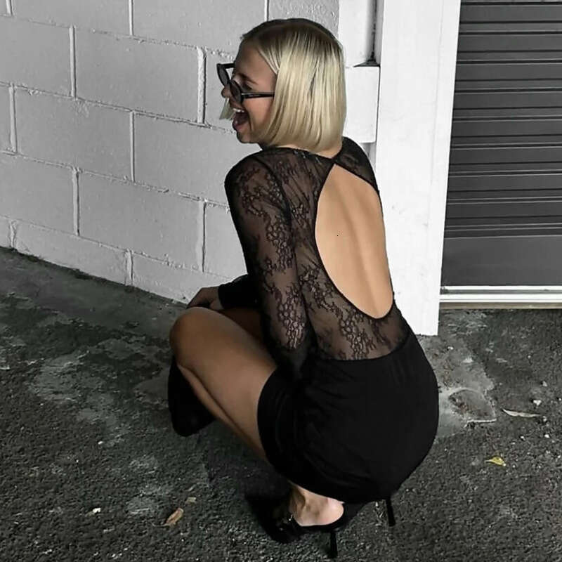 Yds3 Women's Summer New Solid Color Long Sleeve Sexy Bodycon Lace Patchwork Dress B5